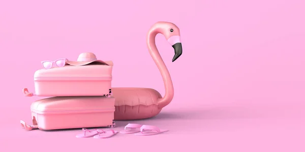 Bavullu Yaz Tatili Konsepti Flamingo Şamandırası Parmak Arası Terlik Güneş — Stok fotoğraf