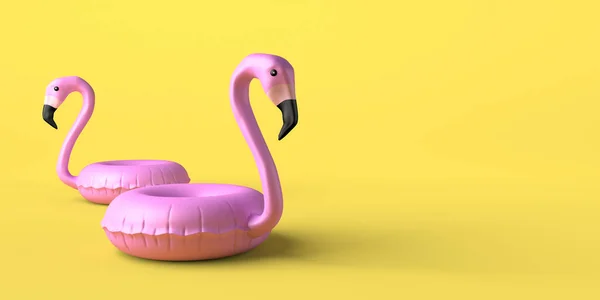 Zomer Concept Met Flamingo Opblaasbare Drijvers Gele Achtergrond Begrepen Ruimte — Stockfoto