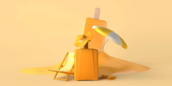 Summer Concept Melted Orange Ice Cream Suitcase Beach Chair Umbrella — Zdjęcie stockowe