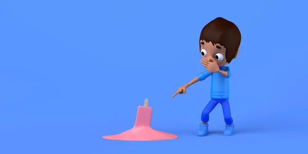 Scared Cartoon Boy Pointing Fallen Ice Cream Floor Copy Space — стоковое фото