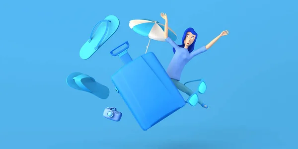 Summer Concept Suitcase Umbrella Flip Flops Woman Jumping Copy Space — Stock Fotó