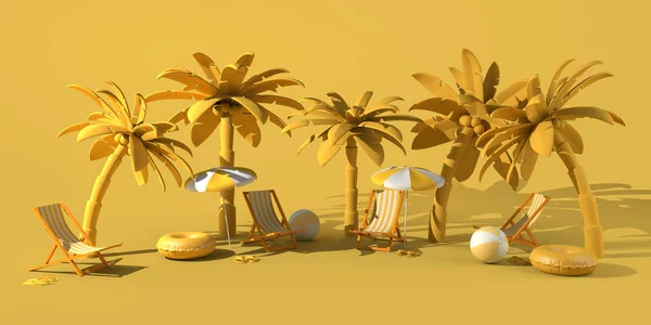 Palmiye Ağaçları Plaj Sandalyeleri Şemsiyeler Şişme Plaj Oyuncakları Ile Yaz — Stok fotoğraf