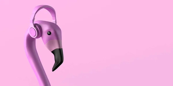 Summer Entertainment Concept Flamingo Headphones Listening Music Copy Space Illustration — Photo