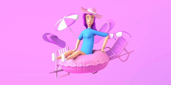 Mujer Joven Con Anillo Inflable Flotador Accesorios Playa Concepto Verano — Foto de Stock