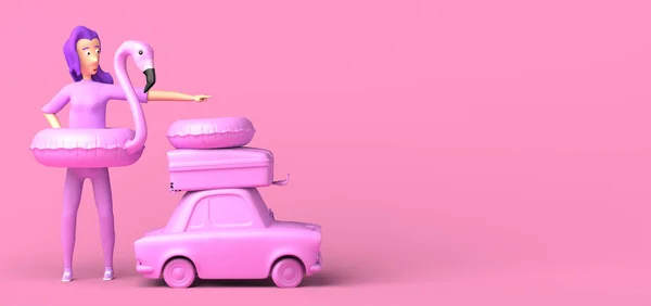 Vrouw Met Flamingo Vlotter Wees Naast Auto Met Koffer Begrip — Stockfoto