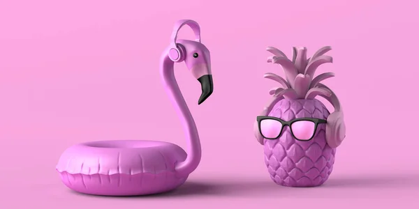 Pineapple Sunglasses Flamingo Float Headphones Copy Space Illustration — Foto Stock