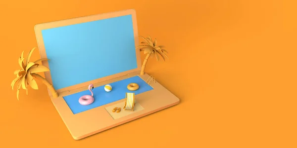 Summer Vacation Concept Laptop Pool Online Vacation Booking Copy Space — Zdjęcie stockowe