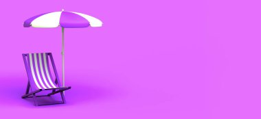 Pastel pembe arka planda güneş şemsiyeli katlanır plaj sandalyesi. Yaz ve tatil konsepti. 3B illüstrasyon.