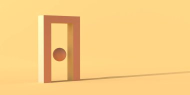 Geometrik figürlerin soyut arkaplanı. Yüzen küresi olan dev bir kapı. Uzayı kopyala 3B illüstrasyon.