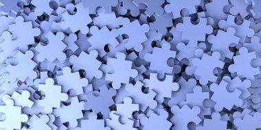 Mavi yapboz parçalarının arka planı. Üç boyutlu illüstrasyon. Boşluğu kopyala.