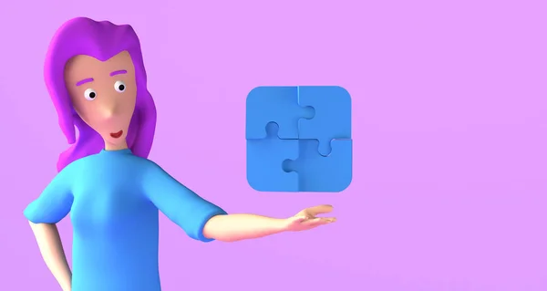 Young woman showing with her hand a puzzle pieces fitted together. Objective achieved. 3D illustration. Copy space.