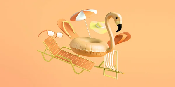 Summer Concept Flamingo Float Umbrella Flip Flops Beach Chair Sunglasses — Stock Photo, Image