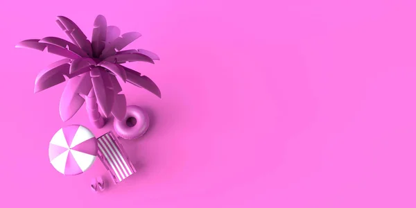 Sommerferienkonzept Mit Sonnenschirm Liegestuhl Flip Flops Palme Und Aufblasbarem Strandspielzeug — Stockfoto