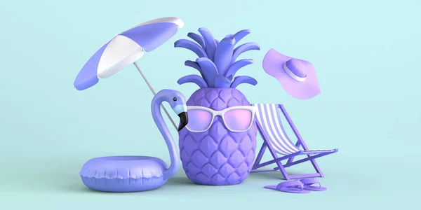 Güneş gözlüklü plaj aksesuarlı ananas ile yaz tatili konsepti. Uzayı kopyala 3B illüstrasyon.
