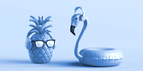 Pineapple Sunglasses Flamingo Float Headphones Copy Space Illustration — Photo