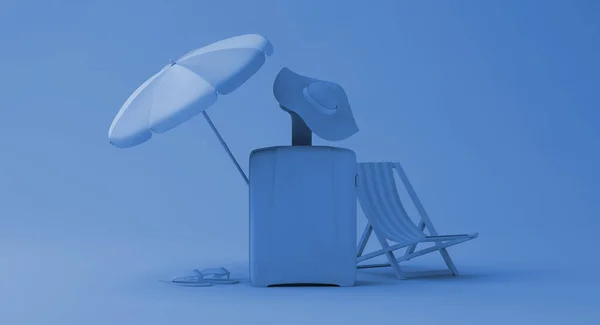 Bavullu Şemsiyeli Şapkalı Plaj Sandalyeli Yaz Tatili Konsepti Uzayı Kopyala — Stok fotoğraf