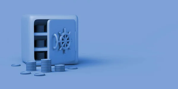 保险柜 蓝色背景的硬币 银行担保 复制空间 3D插图 — 图库照片