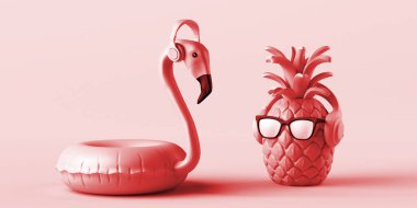 Güneş gözlüklü ananas ve kulaklıklı flamingo. Uzayı kopyala Dijital suluboya.