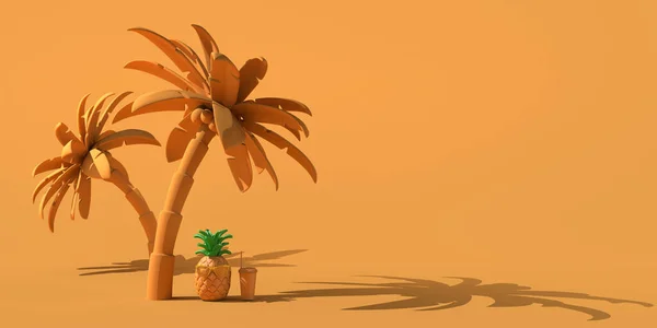 Koncepcja Letnia Ananasem Okularach Przeciwsłonecznych Sodą Słomą Pod Tropikalnymi Palmami — Zdjęcie stockowe