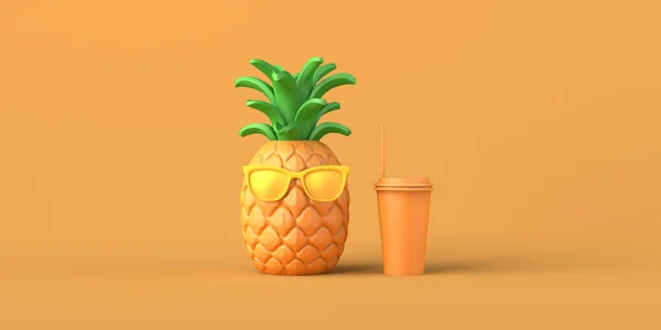 Summer Concept Pineapple Sunglasses Soda Straw Copy Space Illustration — Stock Photo, Image