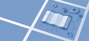 Yer belirleyici işareti, raptiyeli harita, araba ve dürbünlü. Seyahat ve arama konsepti. Üç boyutlu illüstrasyon. Boşluğu kopyala.