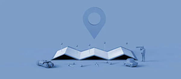 Znak Lokalizatora Mapa Szpilkami Samochód Człowiek Sprintem Koncepcja Podróży Poszukiwań — Zdjęcie stockowe
