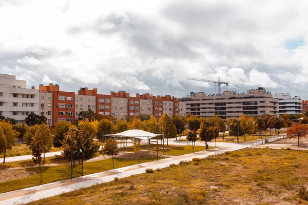 Autumn cityscape with park and buildings. Selective focus. Copy space.