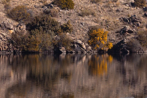 Autumn Landscape Lake Trees Golden Leaves Selective Focus Copy Space — Stock fotografie