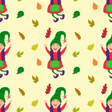 Peri masalı cüce kızı ve sonbahar yapraklarıyla kusursuz desen. Saç örgülü neşeli şirin bir elf. İskandinav arka planında ambalaj kağıdı, kumaş ve tekstil kullanılmış. Vektör düz resimleme