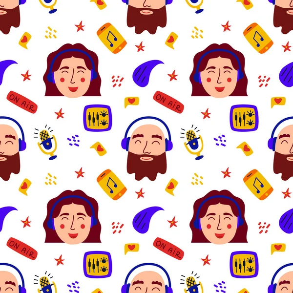 Podcast kusursuz desen. Kulaklık, mikrofon, telefon, düğme, ses arayüzü takan kadın ve erkeğin yüzlerinin olduğu karalama baskısı. Podcastler, radyo röportajları için harika. Vektör illüstrasyonu