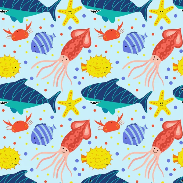 Su altında çizgi film dünyası olan çocuklar için bir model. Tatlı gülümseyen balık, yengeç, denizyıldızı, köpekbalığı ve ahtapotla kusursuz bir geçmişi var. Denizcilik unsurları. Vektör illüstrasyonları.