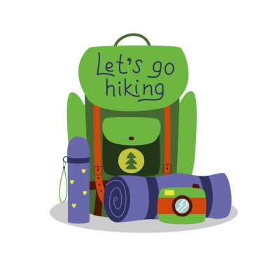 Sırt çantası, termos, karemat, kamera gibi seyahat malzemeleri. Kamp, yürüyüş, yürüyüş, yerel turizm. Vektör illüstrasyonu beyaz arkaplanda izole edildi