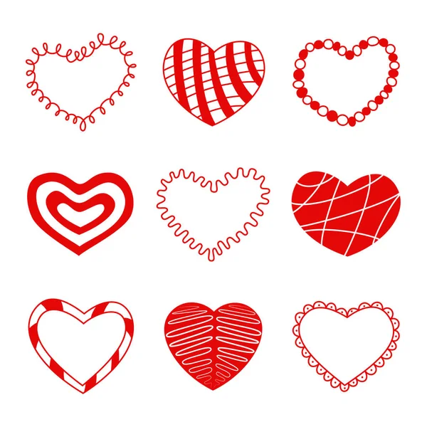 Sevgililer Günü için farklı kırmızı kalpler seti, düğün, anneler günü. İnternet sitesi, kartpostallar, kartpostallar için harika. Beyaz arka planda izole edilmiş aşkın sembolü. Vektör illüstrasyonu