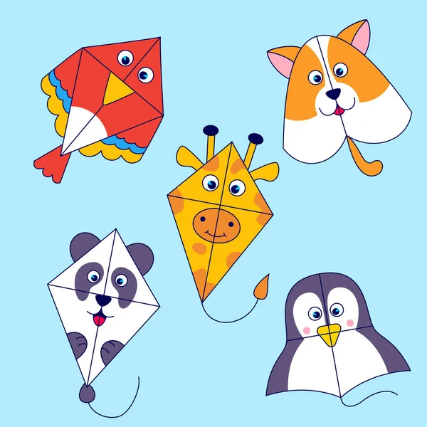 Flying Wind Kites Different Animal Shapes Bird Dog Giraffe Panda — Stock Vector