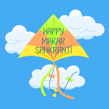 Renkli bir uçurtmaya Mutlu Makar Sankranti yazılıydı. Yaz kartı, web sayfası, el ilanları, baskı, Hindistan festivali için davetiye. Çizgi film tarzında vektör illüstrasyonu