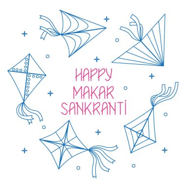 Uçurtmalı Mutlu Makar Sankranti yazısını. Tebrik kartı, web sayfası, el ilanları, afiş, afiş, Hindistan festivali için davetiye. Vektör illüstrasyon tasarımı