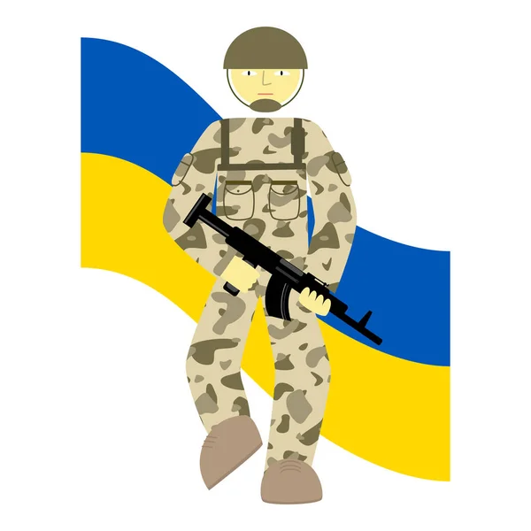 Фоне Сине Желтого Флага Украины Стоит Солдат Вооруженных Сил Украины — стоковый вектор