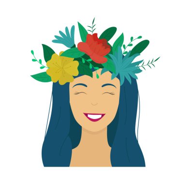 Kafasında çiçek çelengi olan güzel romantik bir kadın. Bahar ve yaz afişi, kart, poster için şablon. Mutlu kadınlar günü. Vektör illüstrasyonu