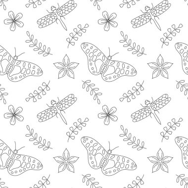 Kelebek, yusufçuk, çiçekler ve ince dallar. Doğal yinelenen arka plan. Botanik elementlerin renkleri. El çizimi gravür. Vektör illüstrasyonu