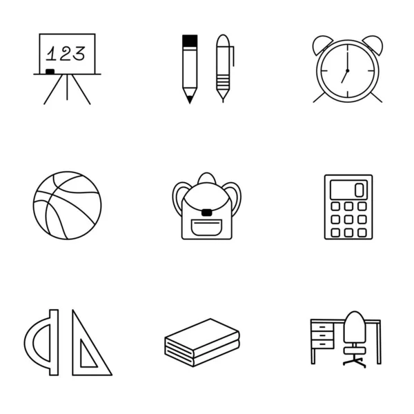 Eğitim ve öğrenim için beyaz bir arkaplanda okul çizgisi simgesi oluşturuldu. Web sitesi tasarımı ve mobil uygulamalar için okul ögelerinin vektör koleksiyonu.