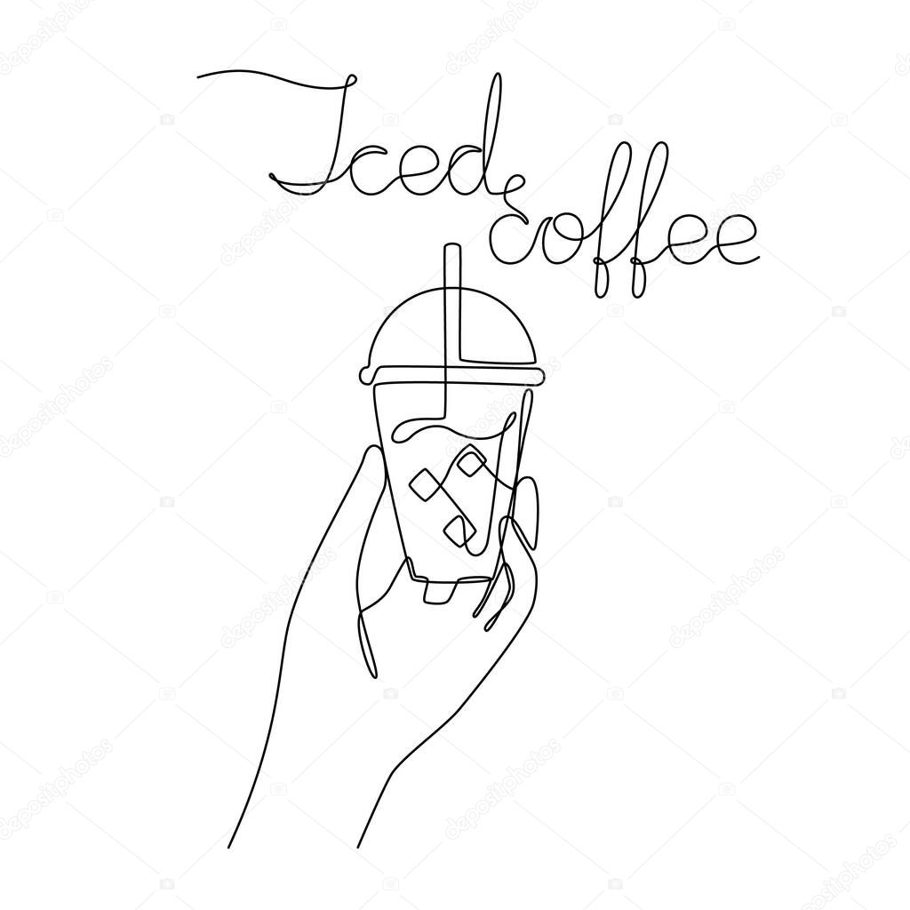 Single line drawing of a hand holding a cup of iced coffee. Clear plastic cup with sphere dome cap. Calligraphic inscription. Template for print, card, menu, logo, poster. Sketch, line art. Minimalism