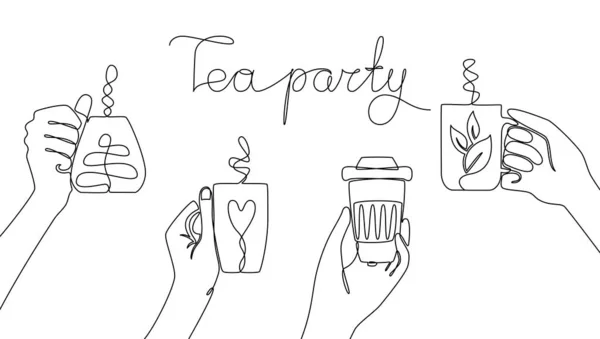 Çay Partisi Nin Harfleriyle Sürekli Olarak Çay Fincanı Tutan Çizgileri — Stok Vektör