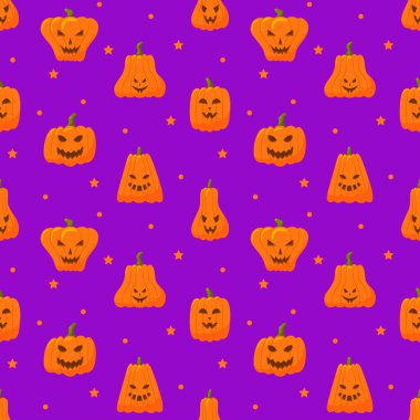 Balkabakları pürüzsüz desen. Cadılar Bayramı ya da Şükran Günü vektör arkaplanı. Şeytani yüzlü renkli korkunç balkabakları. Mevsimlik tekstil baskıları, bayram afişleri, ambalajlar veya duvar kağıtları için harikadır.