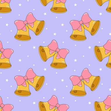 Pembe kurdeleyle süslenmiş altın zilli kusursuz desen. Pop sanat çıkartması, uçuk moda vektör. Paketleme, duvar kağıdı, kart için harika. Funky pozitif arka plan. Moda y2k retro hippi baskısı