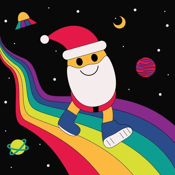 Funky Papai Noel Andando Sobre Arco Íris Feliz Natal Feliz — Vetor de Stock
