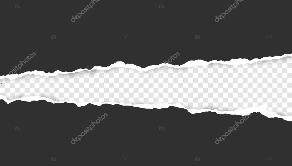 Realistic, torn, ripped strip of dark grey paper with a light shadow on a transparent background. Torn cardboard.