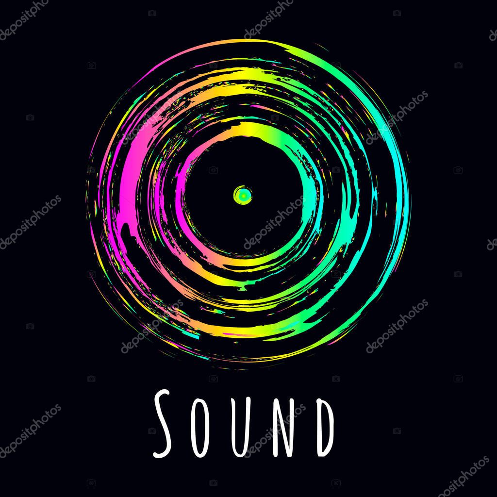 Vinyl record, neon music disc. Album cover, flyer, logo for recording studio, dj disc icon on black background. Vector.