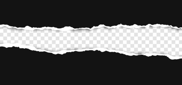 Реалистичная, разорванная, разорванная полоска темной серой бумаги с легкой тенью на прозрачном фоне. Порванный картон.