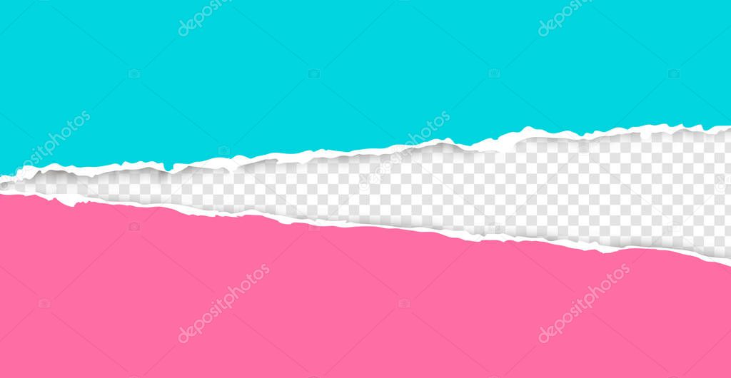 Realistic, torn, ripped strip of pink and blue paper with a light shadow on a transparent background. Torn cardboard.