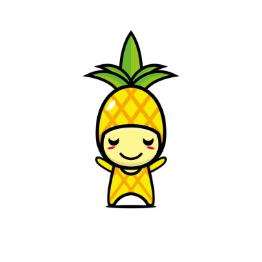 Tatlı ananas çizgi film karakteri. Çizgi film yassı kawaii karakter çizimi. Beyaz arka planda resim. Ananas meyvesi kavramı komiktir.